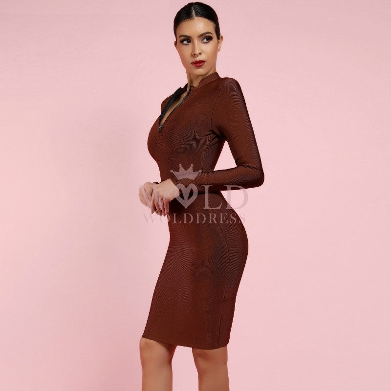 Round Neck Long Sleeve Zip-Front Mini Bandage Dress HF139