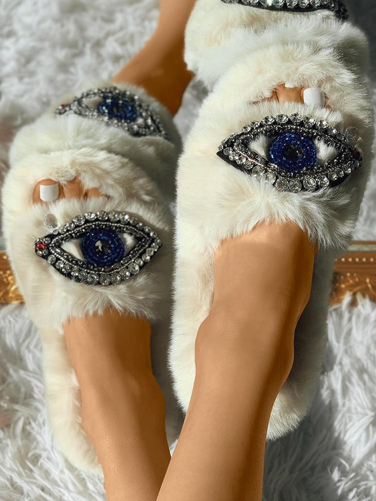 Evil Eye Rhinestone Fluffy Slides