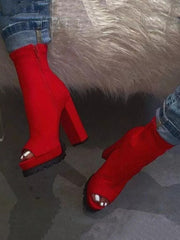 Peep Toe Side Zipper Chunky Heel Boots