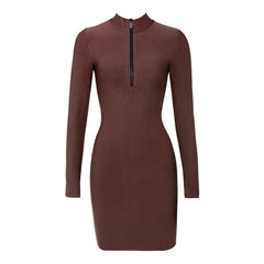 Round Neck Long Sleeve Zip-Front Mini Bandage Dress HF139