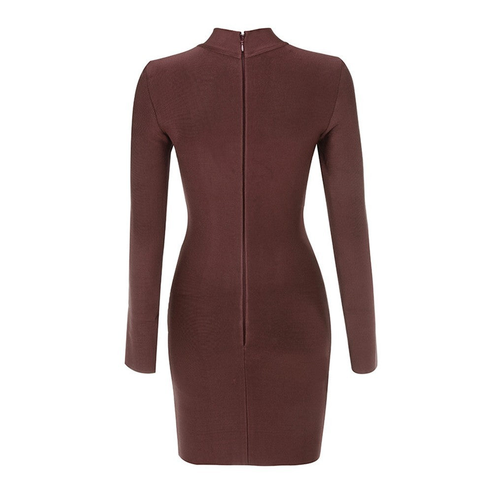 Round Neck Long Sleeve Zip-Front Mini Bandage Dress HF139