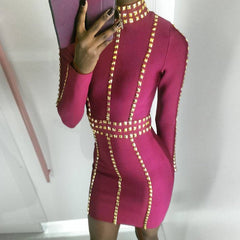 Round Neck Long Sleeve Metal Studded Mini Bandage Dress HJ381