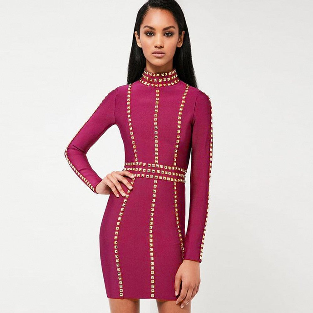 Round Neck Long Sleeve Metal Studded Mini Bandage Dress HJ381