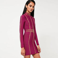 Round Neck Long Sleeve Metal Studded Mini Bandage Dress HJ381