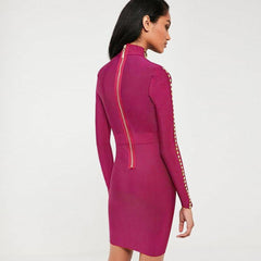 Round Neck Long Sleeve Metal Studded Mini Bandage Dress HJ381