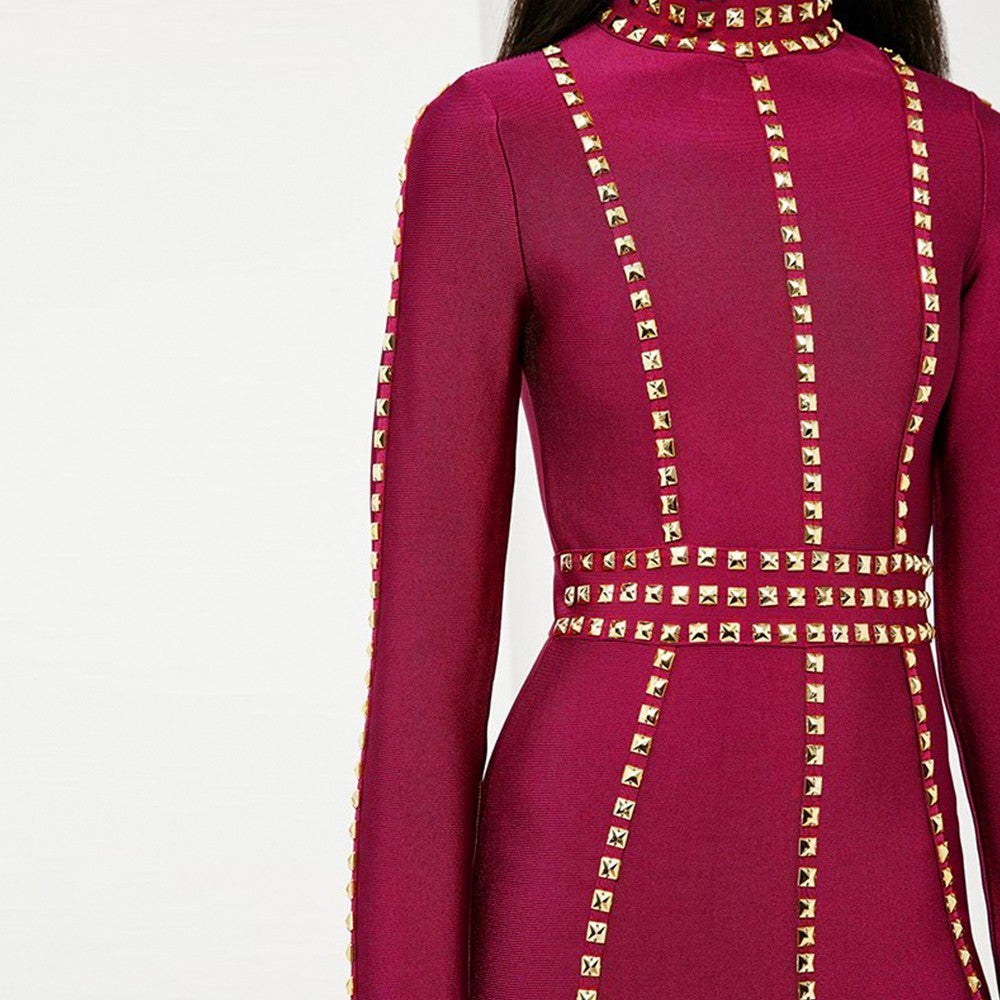 Round Neck Long Sleeve Metal Studded Mini Bandage Dress HJ381