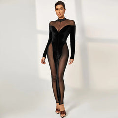 High Neck Long Sleeve Mesh Bodycon Jumpsuit