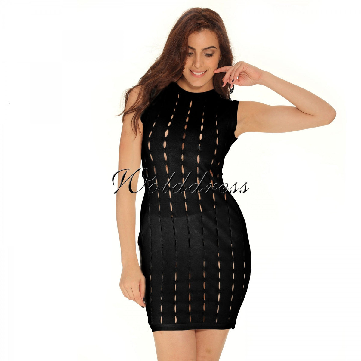 Round Neck Sleeveless Hallow Out Mini Bandage Dress HT0065