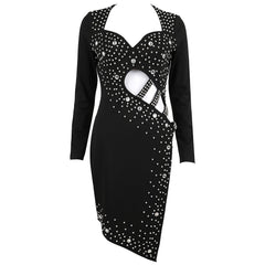 Square Collar Long Sleeve Asymmetrical Rhinestone Over Knee Bodycon Dress