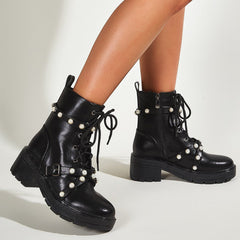 British Style Thick Heel Pearl Boots