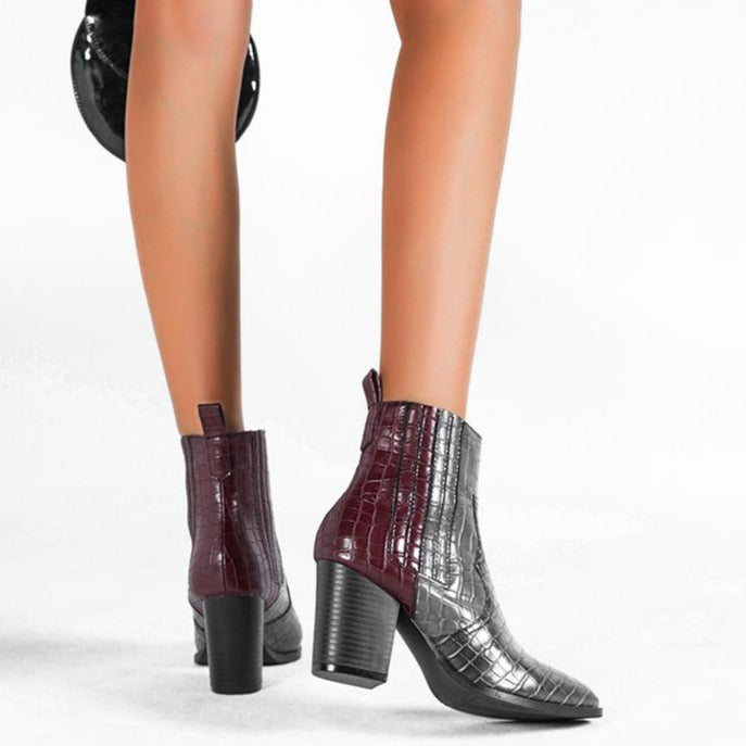 Chunky High Heel Color Blocking Snake Print Boots