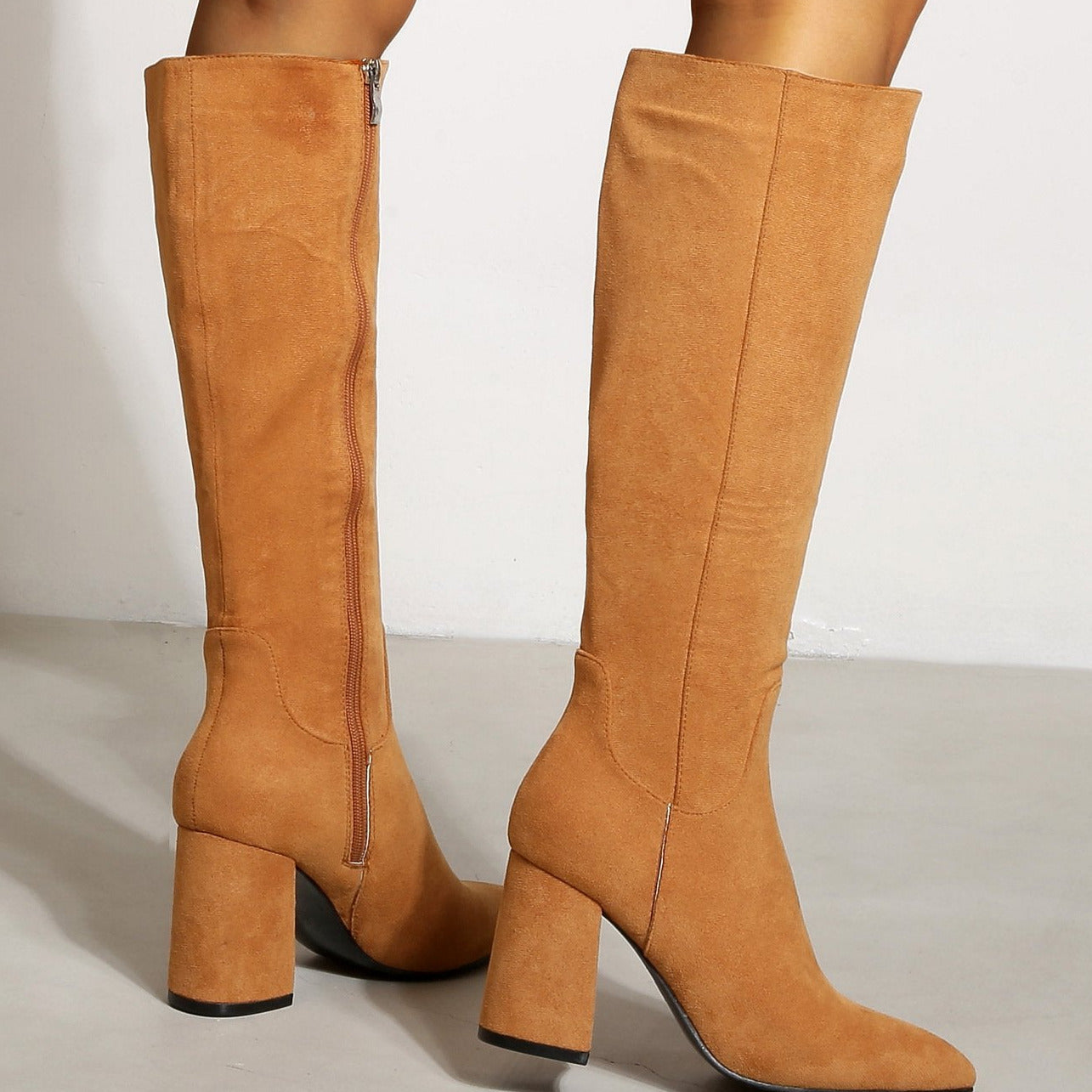 Chunky Heels Pointed Toes High Suede Boots