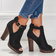 Buckle Design Peep Toe Thick Heeled Stretch Boots