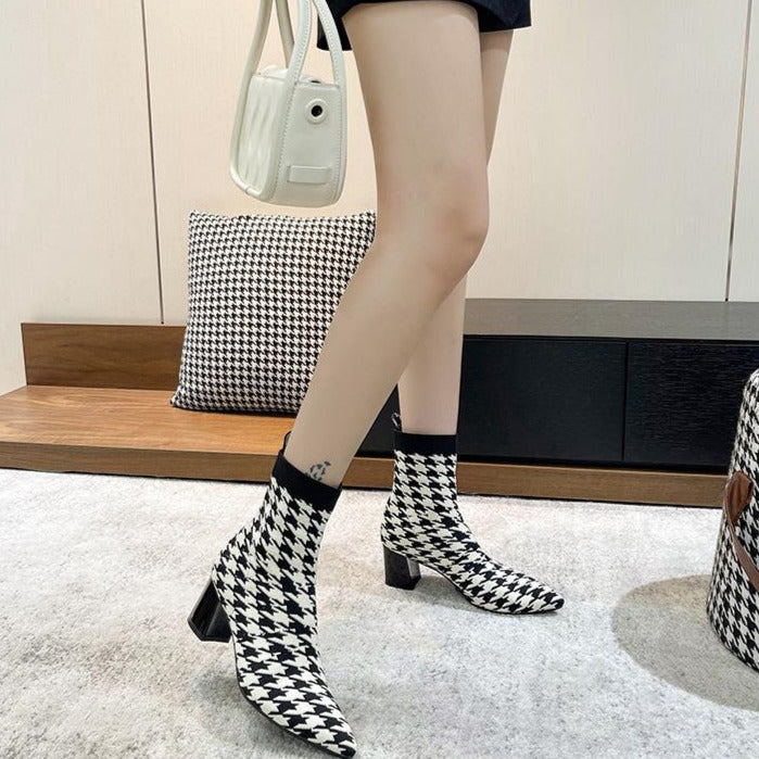 Fly-knit Pointed Toe Chunky Heel Sock Boots