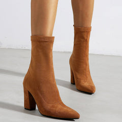 Chunky Heels Pointed Toes Suede Short Boots