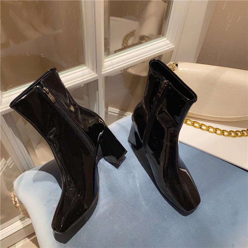 Chunky Heeled Square Toe Side Zipper Short Boots