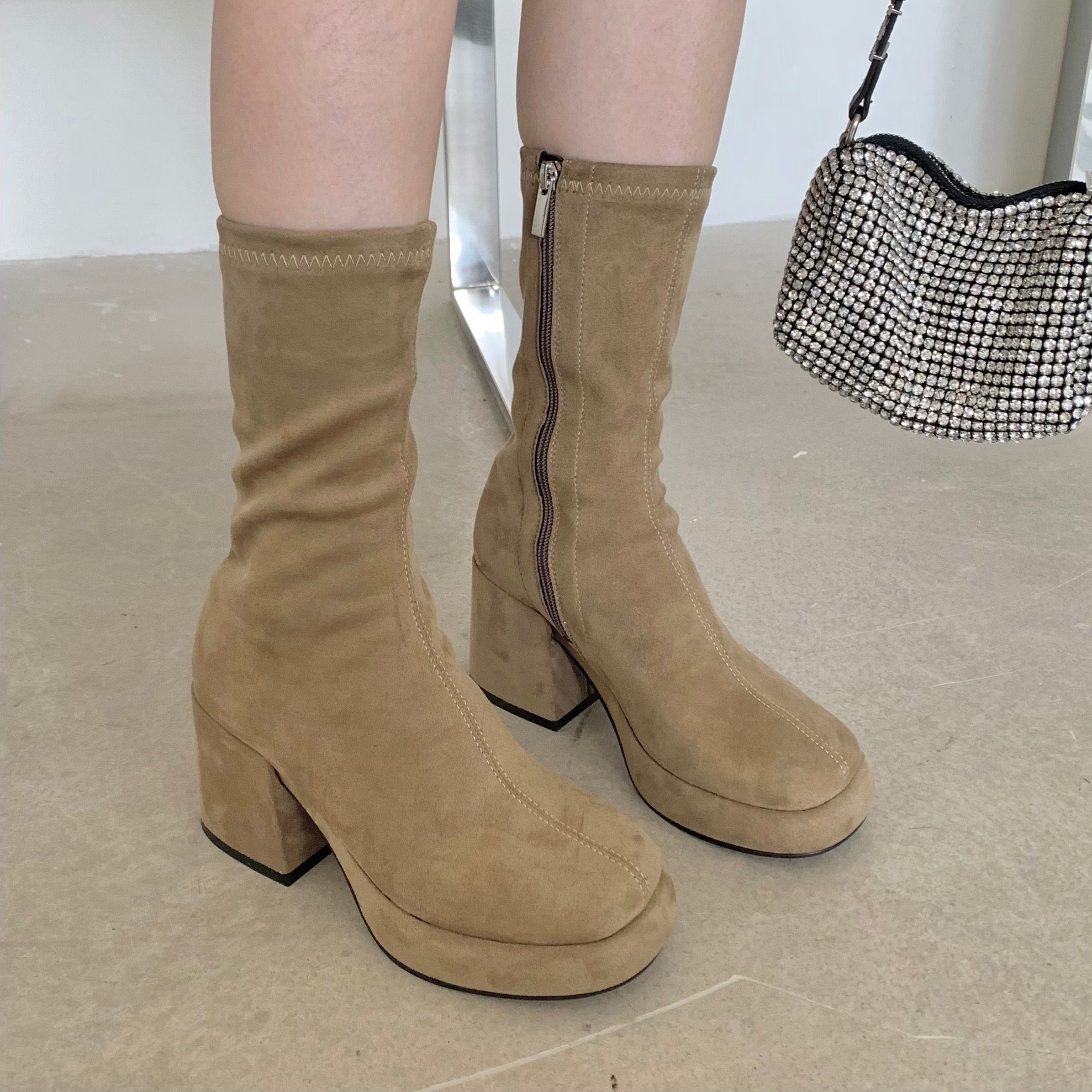 Faux Suede Pointed Toe Mid Calf Chunky Booties