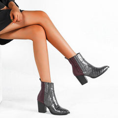 Chunky High Heel Color Blocking Snake Print Boots