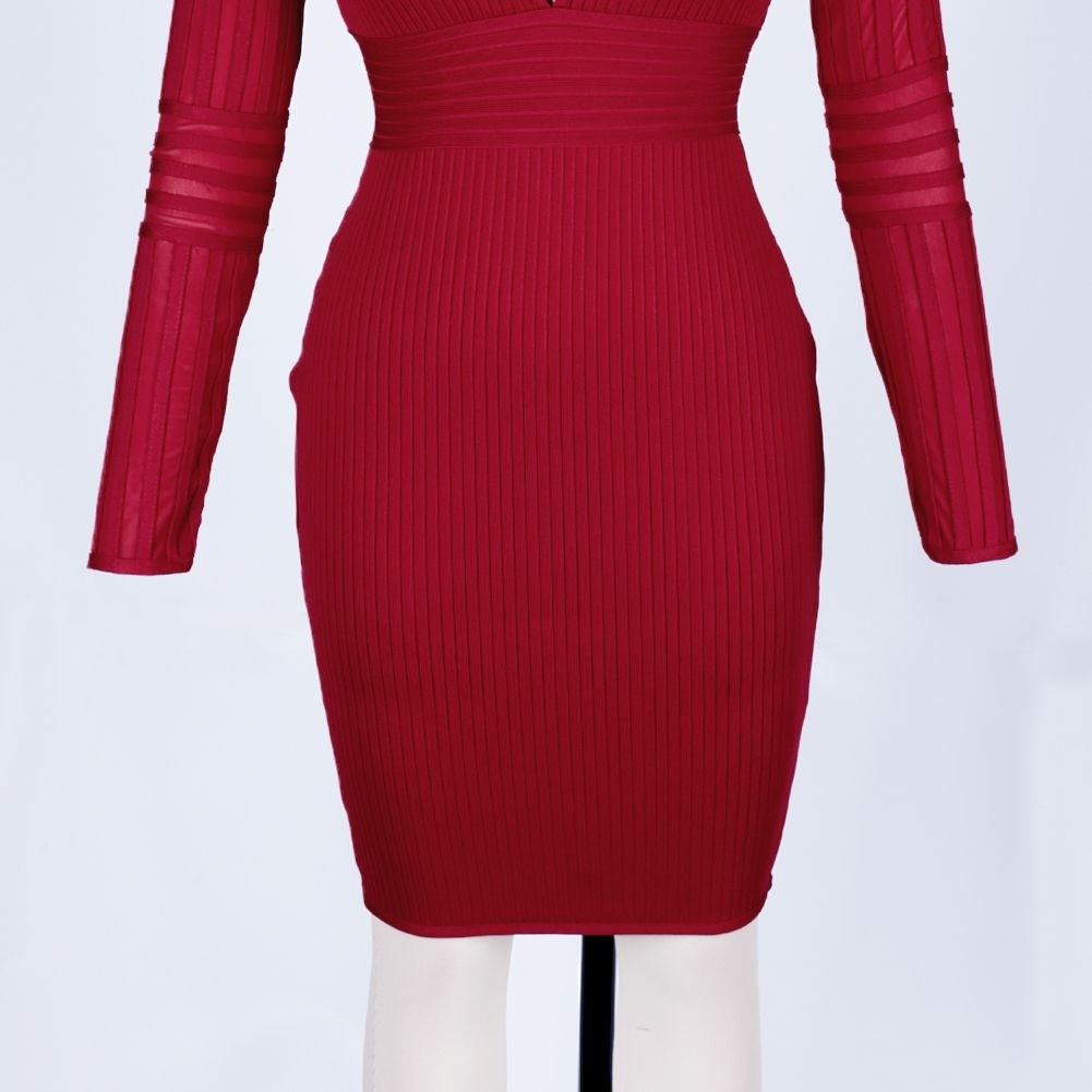 V Neck Long Sleeve Striped Mini Bandage Dress