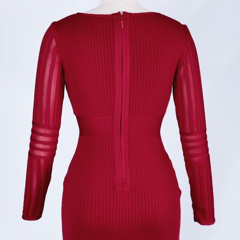 V Neck Long Sleeve Striped Mini Bandage Dress