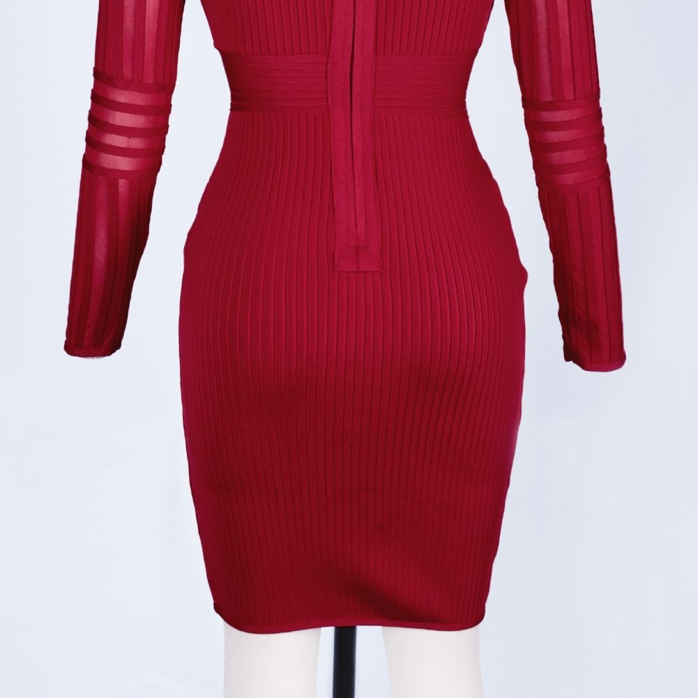 V Neck Long Sleeve Striped Mini Bandage Dress