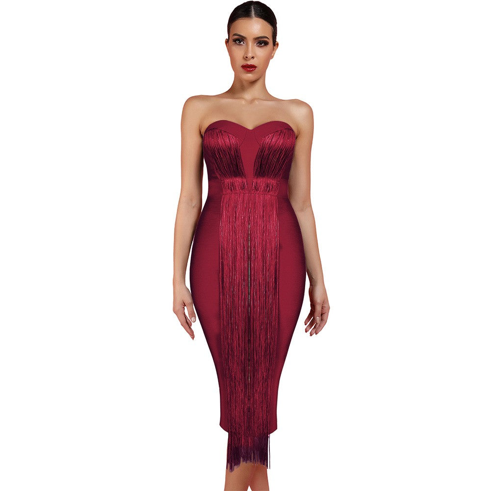 Strapless Sleeveless Tassels Over Knee Bandage Dress