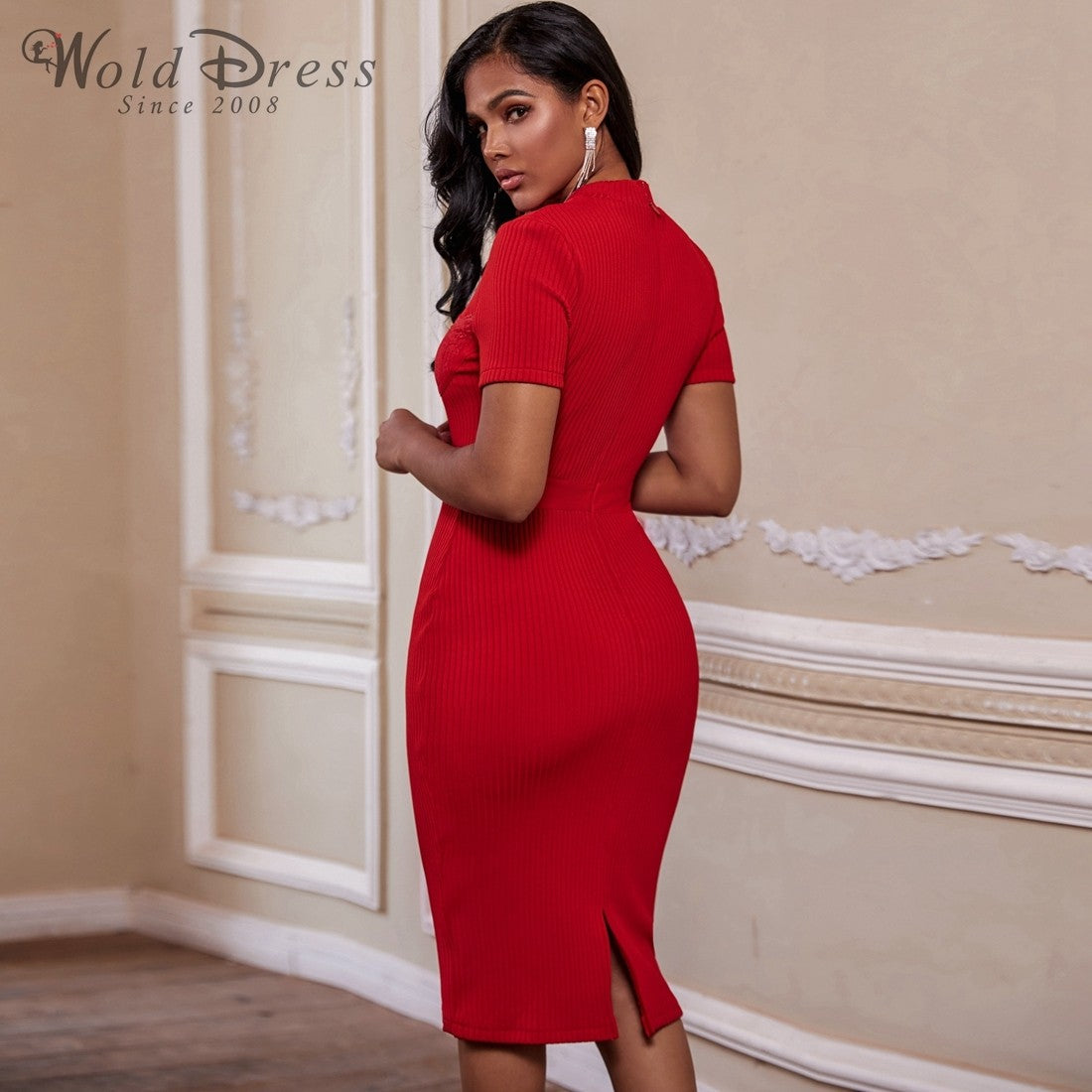 Round Neck Short Sleeve Striped Over Knee Bandage Dress