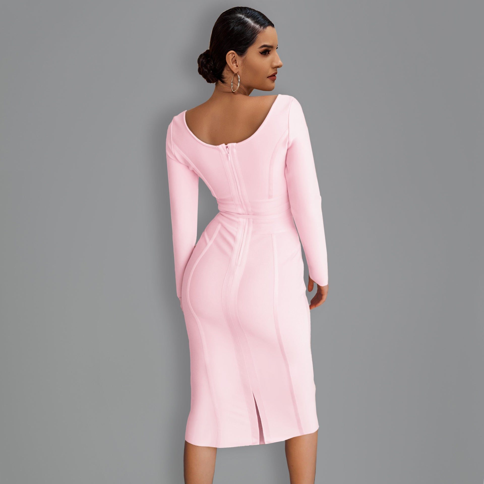 Round Neck Long Sleeve Tie Midi Bandage Dress