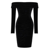 Off Shoulder Long Sleeve Ruched Over Knee Bodycon Dress SP056