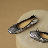 Fawn Square Toe Flats with Bow Gun Color