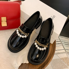 Eliana Genuine Leather Loafers with Chain and Pearl