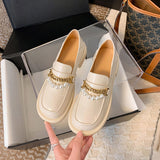 Eliana Genuine Leather Loafers with Chain and Pearl