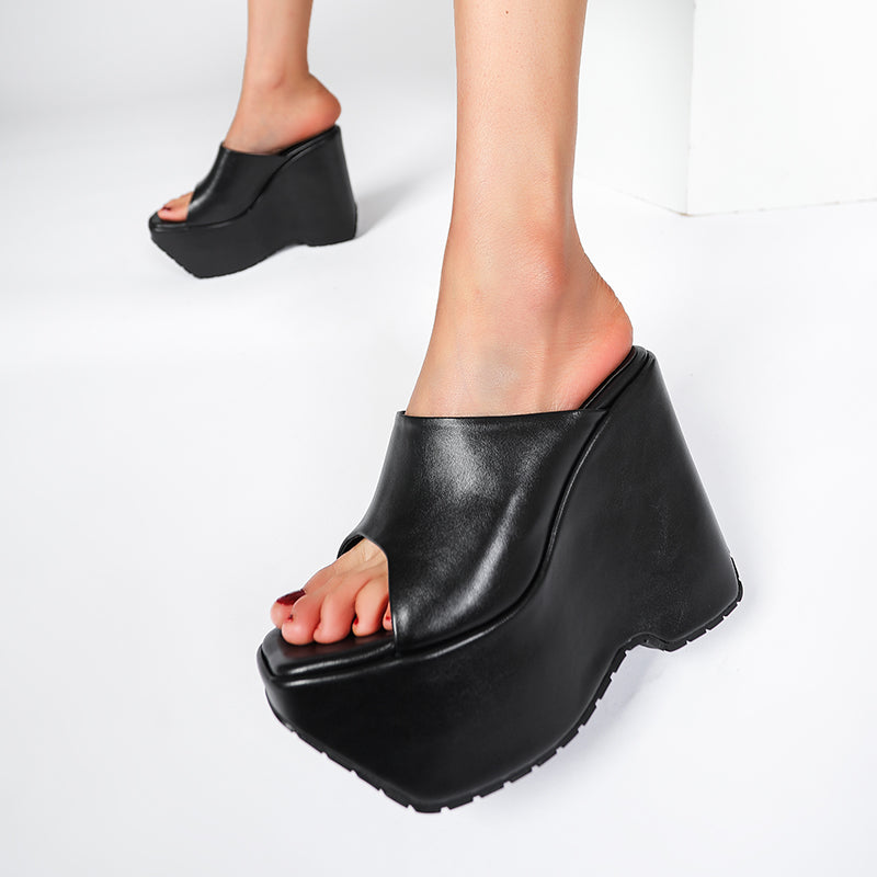 Bree Genuine Leather Open Toe Wedge Mules