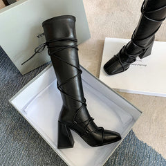 Eva Vegan Leather Chunky Heel strappy Knee High Boots