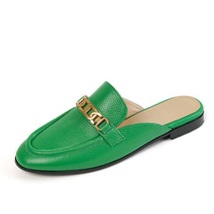 Eleni Green Leather Flat Mules