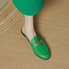 Eleni Green Leather Flat Mules