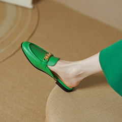 Eleni Green Leather Flat Mules