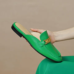 Eleni Green Leather Flat Mules