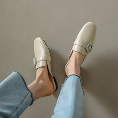 Elara Beige Leather Flat Mules