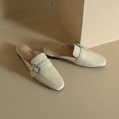 Elara Beige Leather Flat Mules