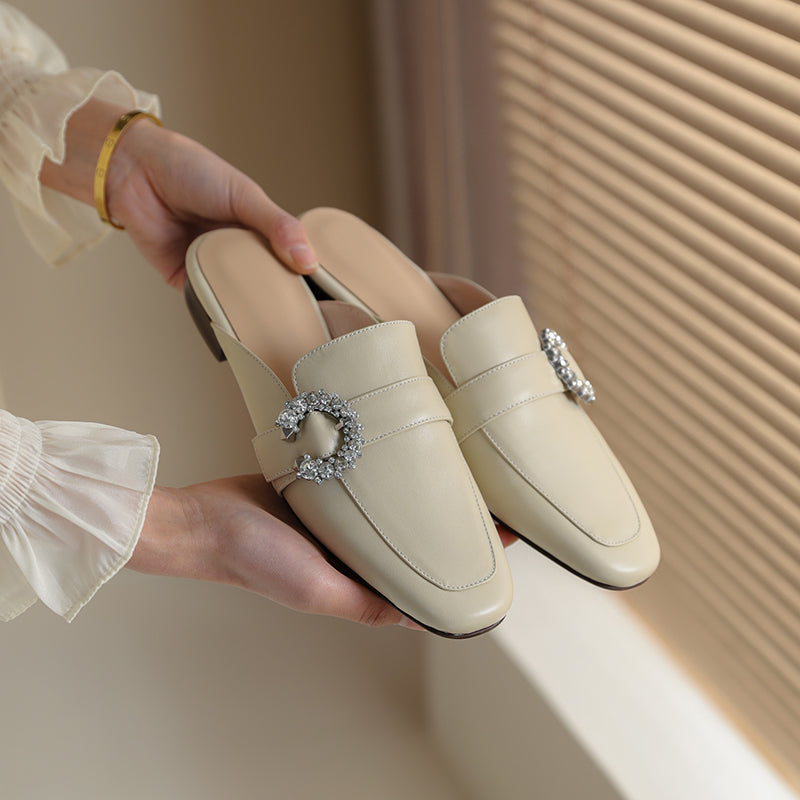 Elara Beige Leather Flat Mules