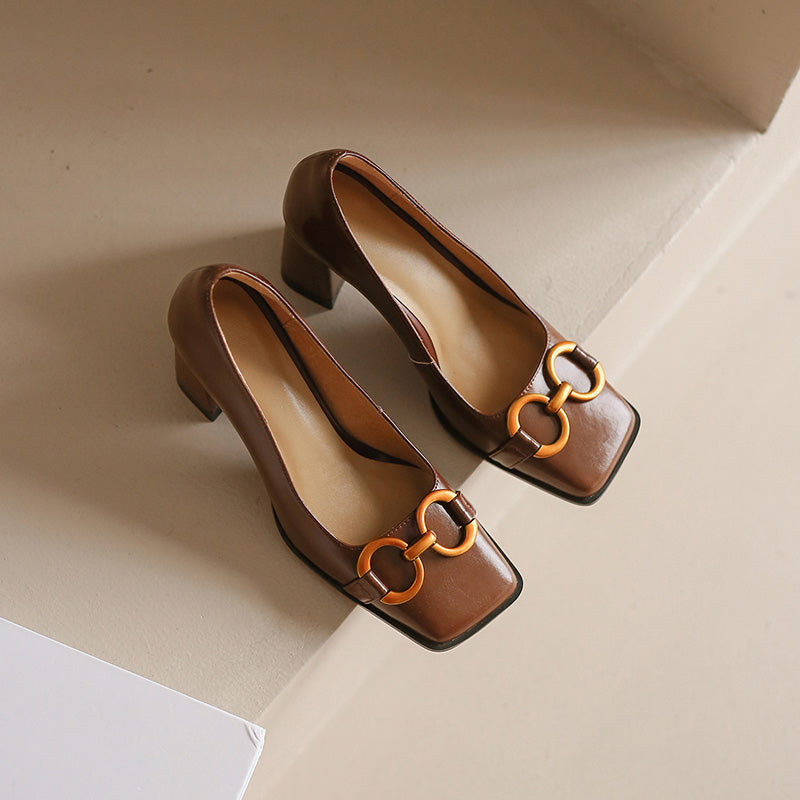 Faigy Square Toe Gold Chain Heels Brown