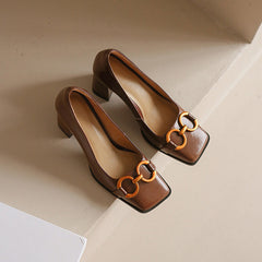 Faigy Square Toe Gold Chain Heels Brown