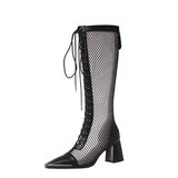 Calliope Summer Mesh Heeled Lace Up Knee High Boots