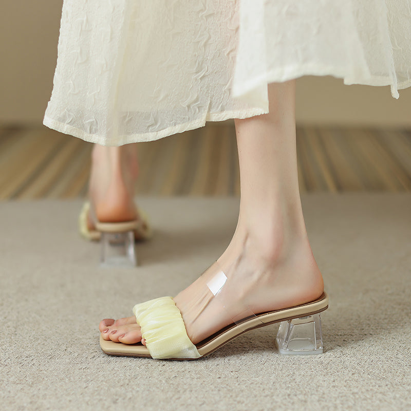 Darby Silk PVC Peep Toe Slides Clear Heels