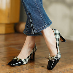 Dana Plaid Patchwork Mid Heel Slip on Pumps