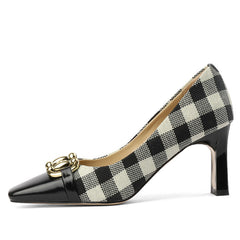 Dana Plaid Patchwork Mid Heel Slip on Pumps