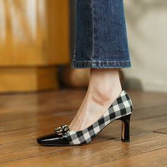 Dana Plaid Patchwork Mid Heel Slip on Pumps