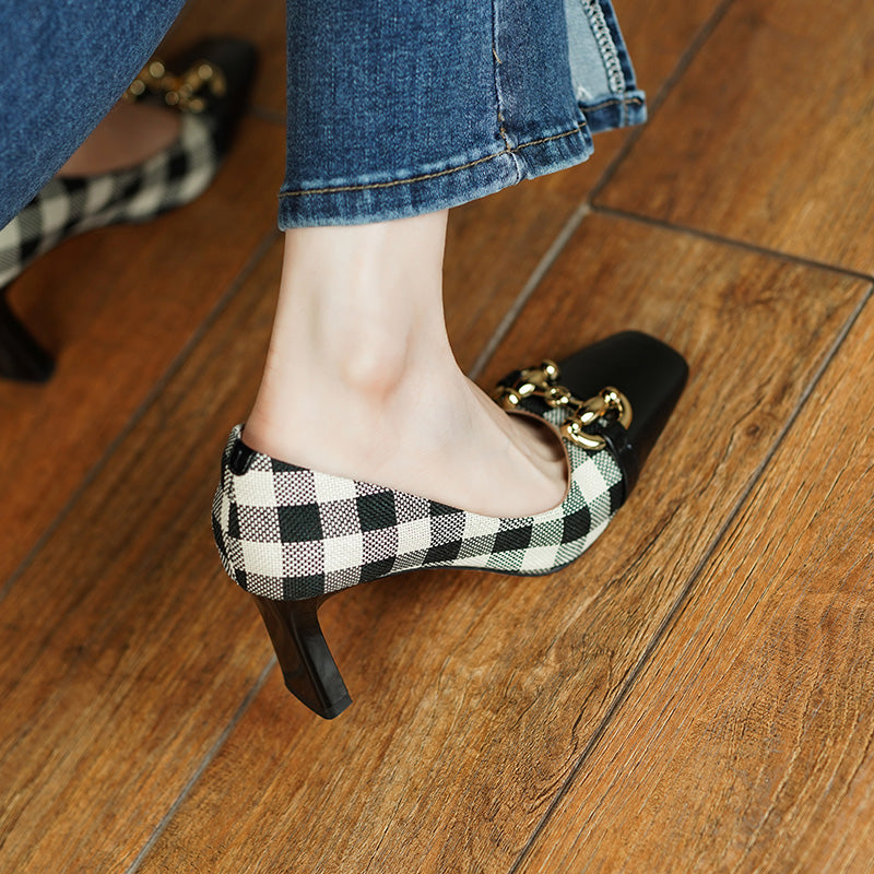 Dana Plaid Patchwork Mid Heel Slip on Pumps