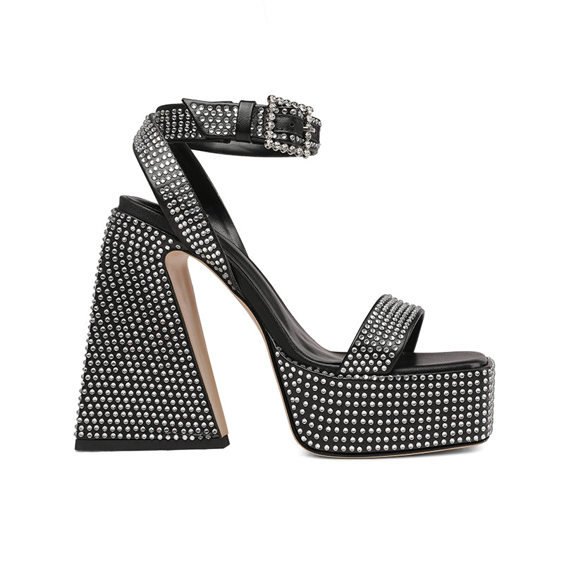 Davina Platform Chunky Heel Rhinestone Studded Sandals